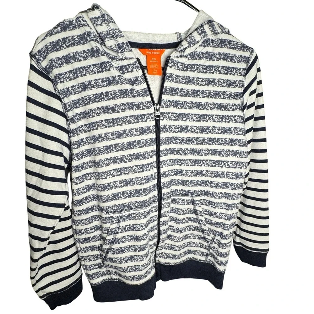 Joe Fresh Kids Full Zip Hoodie Size L Blue White Striped Sweatshirt Cotton Blend - Picture 1 of 6